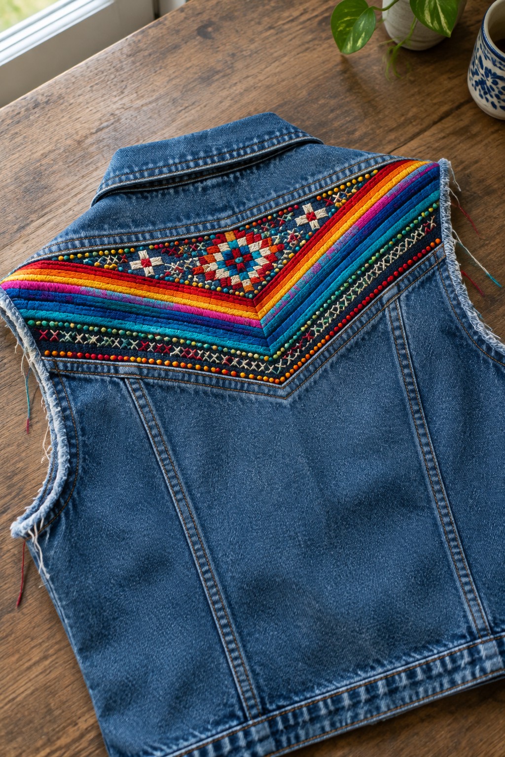 A denim vest with a colorful embroidered chevron and geometric motifs across the back yoke.