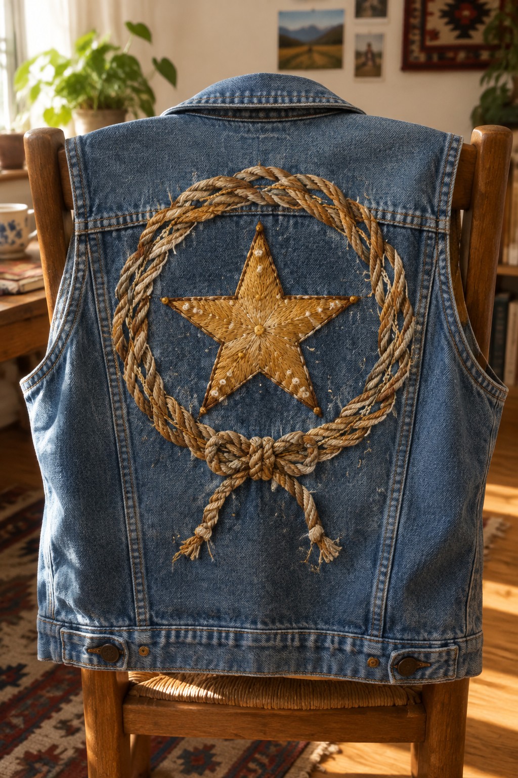 A denim vest draped over a wooden chair, embroidered with a tan star inside a braided rope wreath and bow.