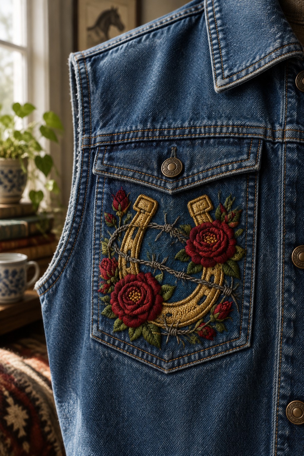 A denim vest pocket embroidered with a gold longhorn, red roses, green leaves, and barbed wire.