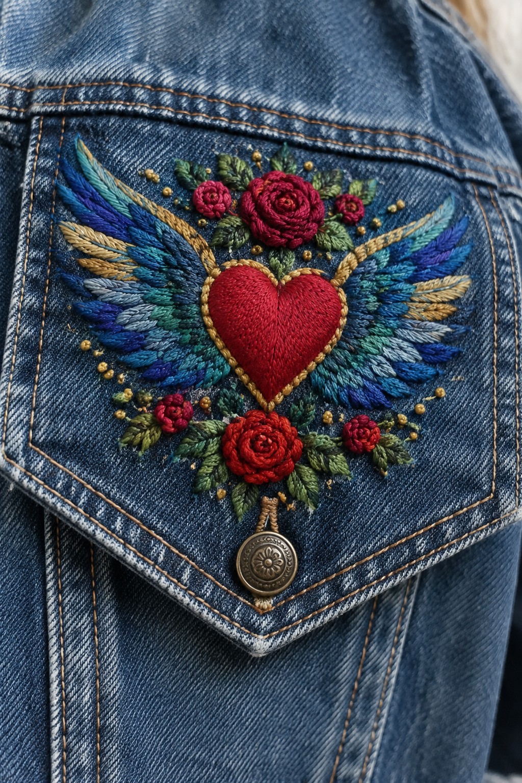 A denim vest pocket embroidered with a red heart, blue and teal wings, roses, leaves, and gold accents.