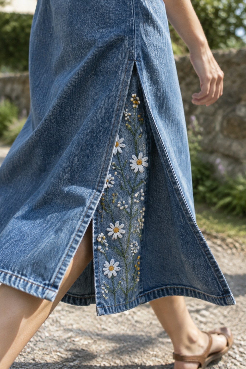 A person walks in a blue denim dress with a slit revealing a vertical panel embroidered with white daisies and small flowers.