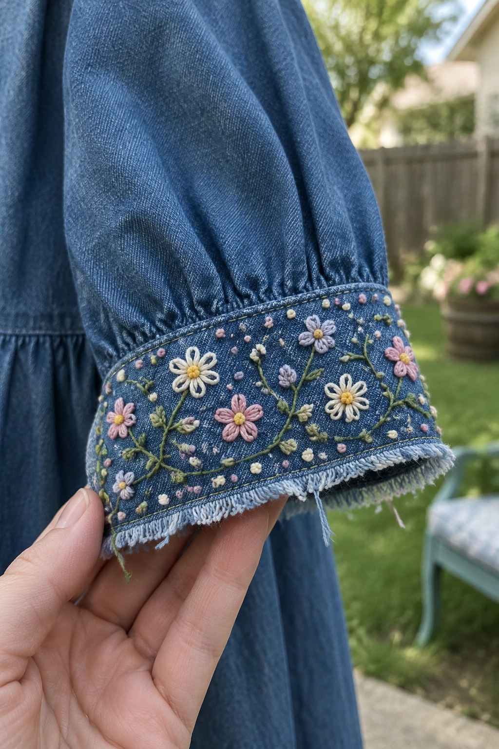 A hand holds a denim dress sleeve with a cuff embroidered in pink, white, and lavender flowers and green stems.