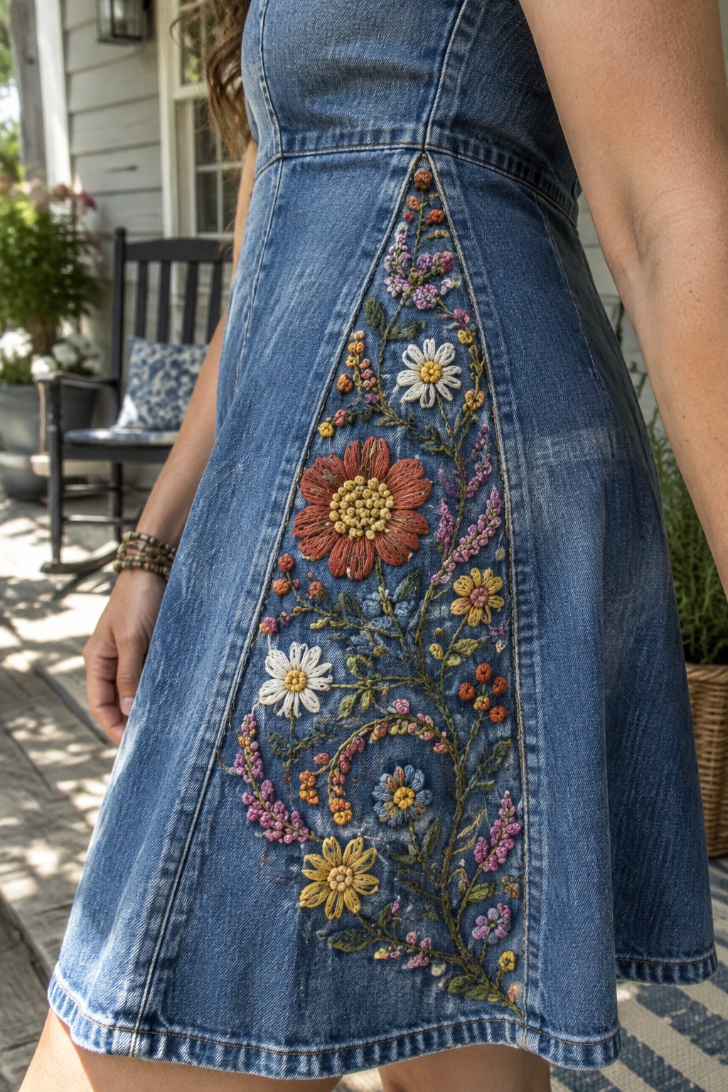 A person wears a blue denim dress with a tapered panel of colorful embroidered flowers down the front of the skirt.