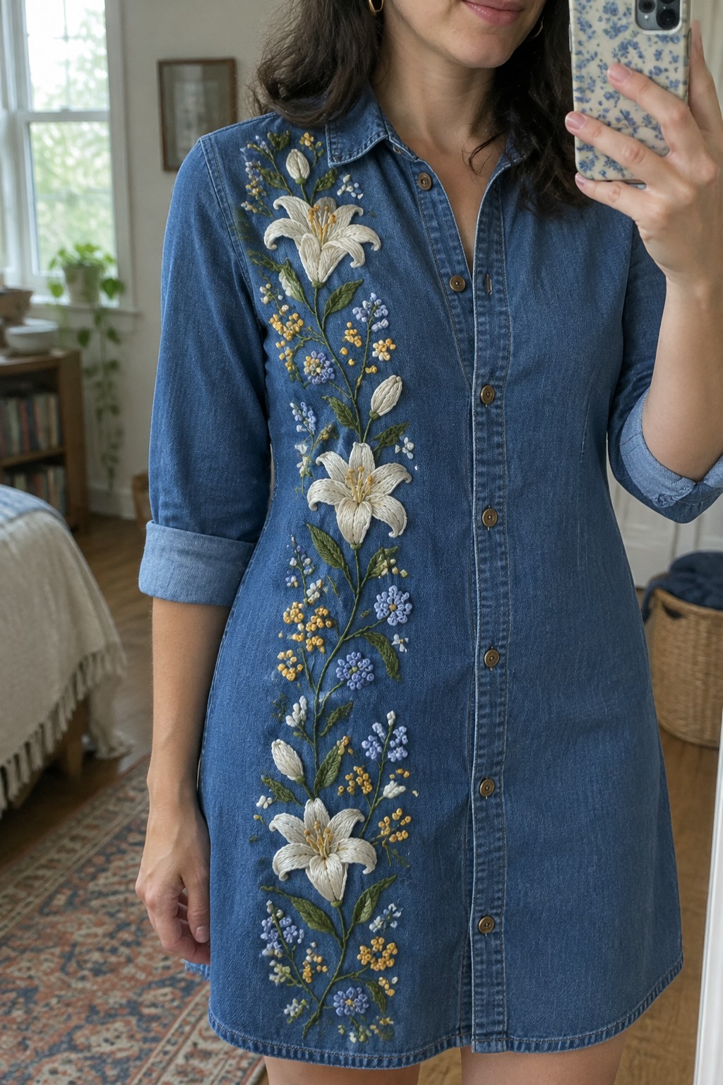 A person wears a blue denim shirt dress embroidered with a vertical trail of cream lilies, small colorful flowers, and green leaves.