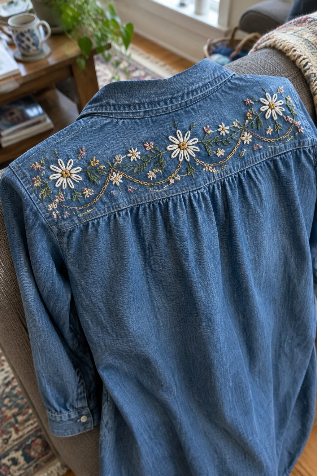A blue denim dress draped over a chair, with a band of embroidered flowers and greenery across the back yoke.