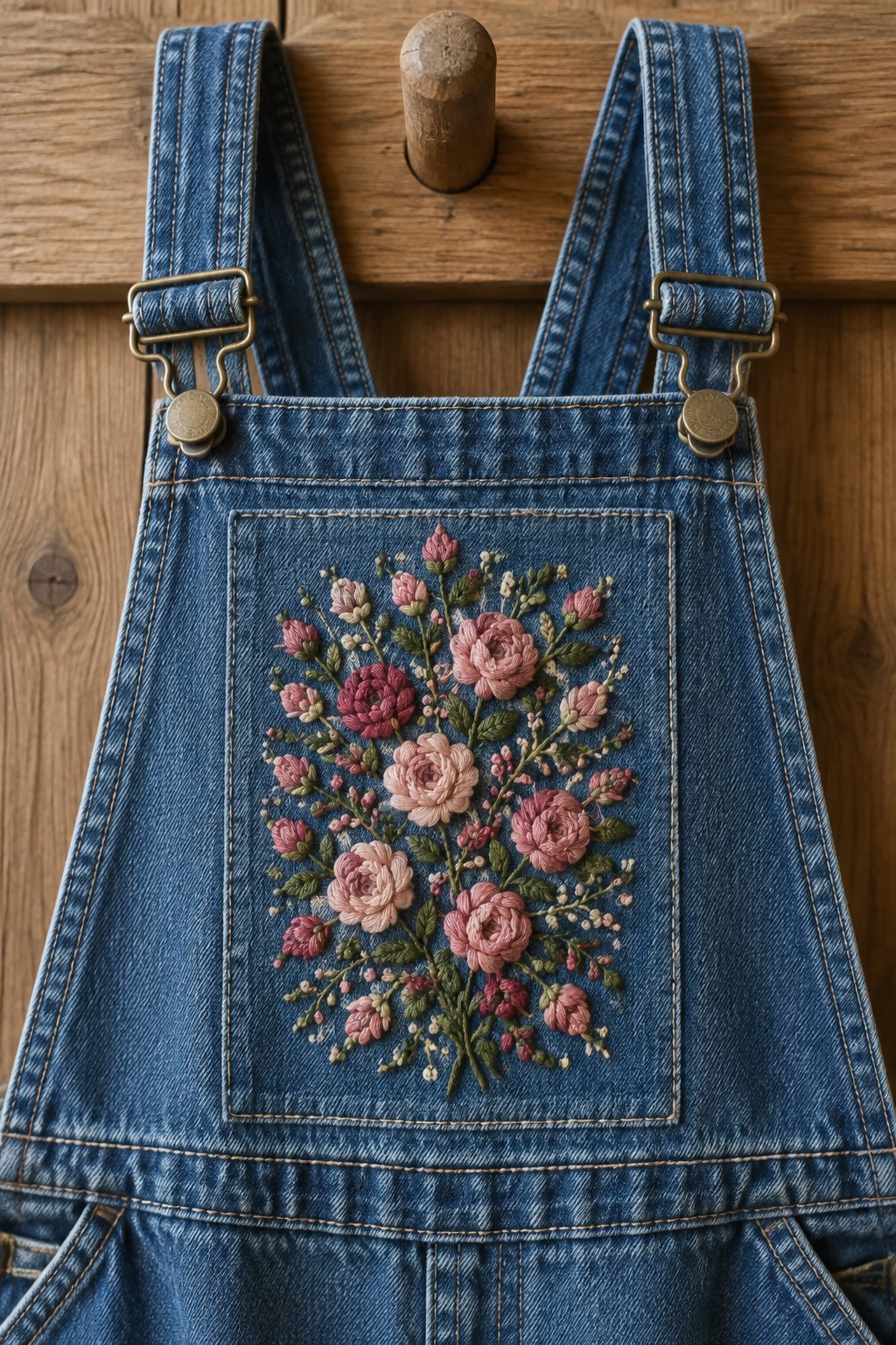 Blue denim overalls hanging on a wooden wall with a rectangular panel embroidered with a pink floral bouquet.