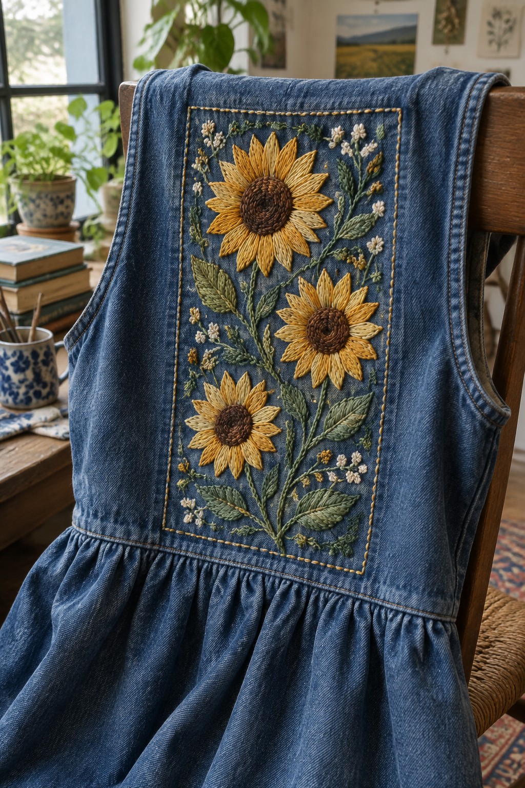 A blue denim dress draped over a wooden chair, with a bordered panel of embroidered sunflowers and green foliage on the bodice.