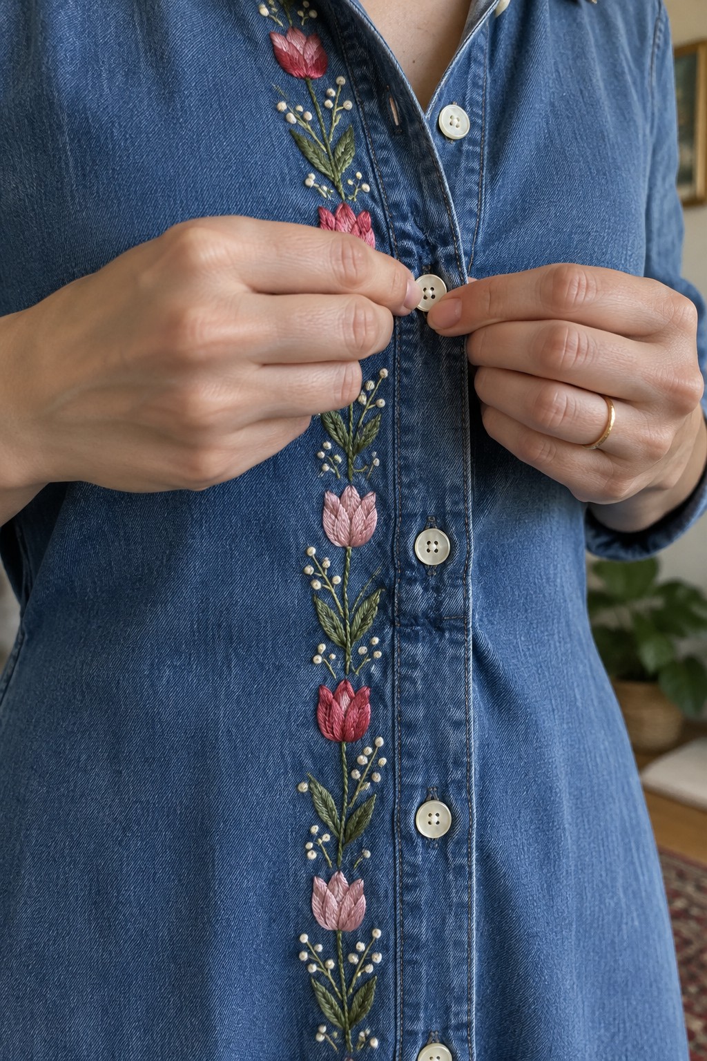 A person fastens a denim dress embroidered with a vertical row of pink flowers, green leaves, and pale buds.