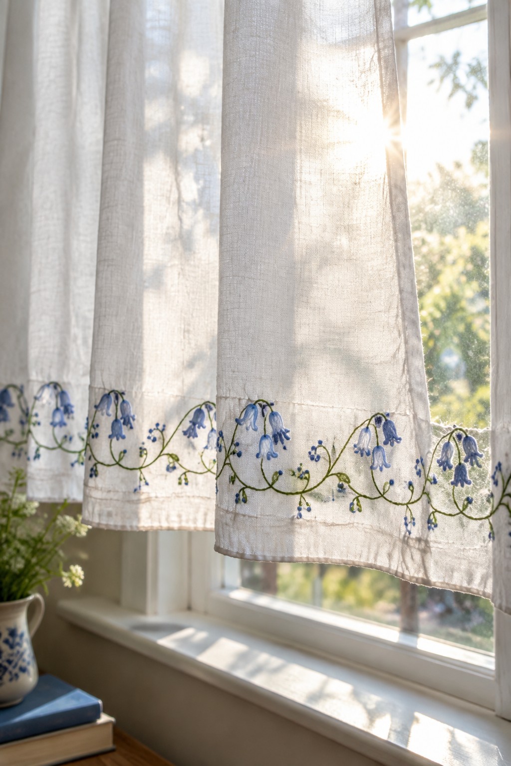 White linen curtains with a repeating blue flower and green vine embroidered along the hems, hanging in a sunlit window.