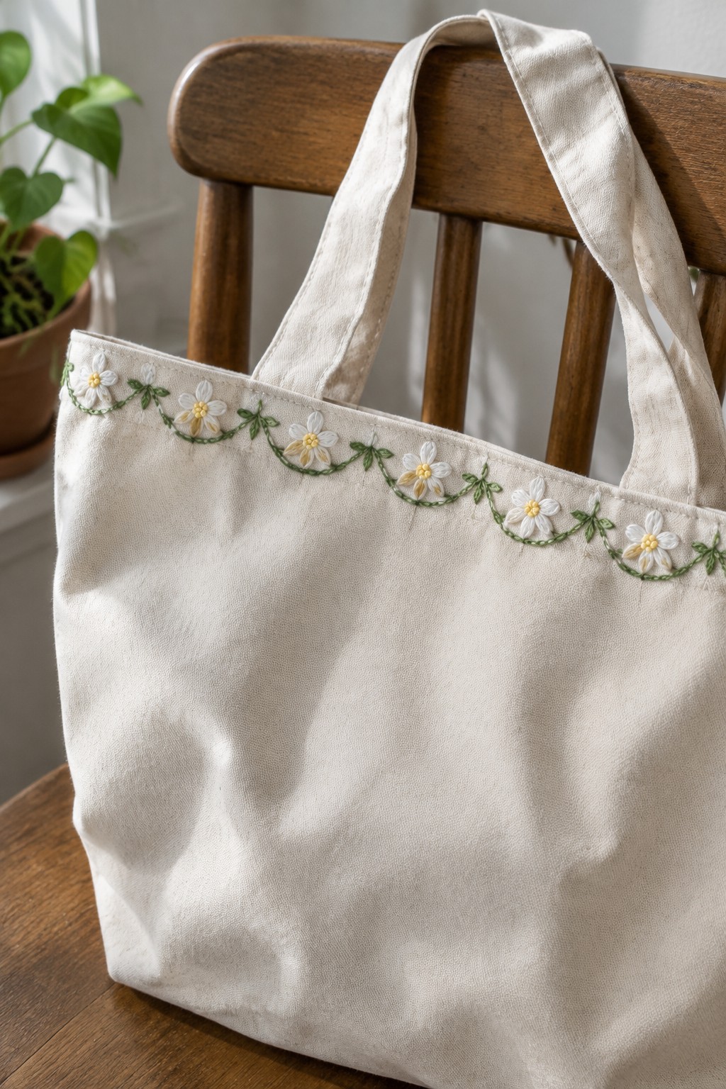 An off-white canvas tote with a white daisy and green vine embroidery border hanging from a wooden chair.
