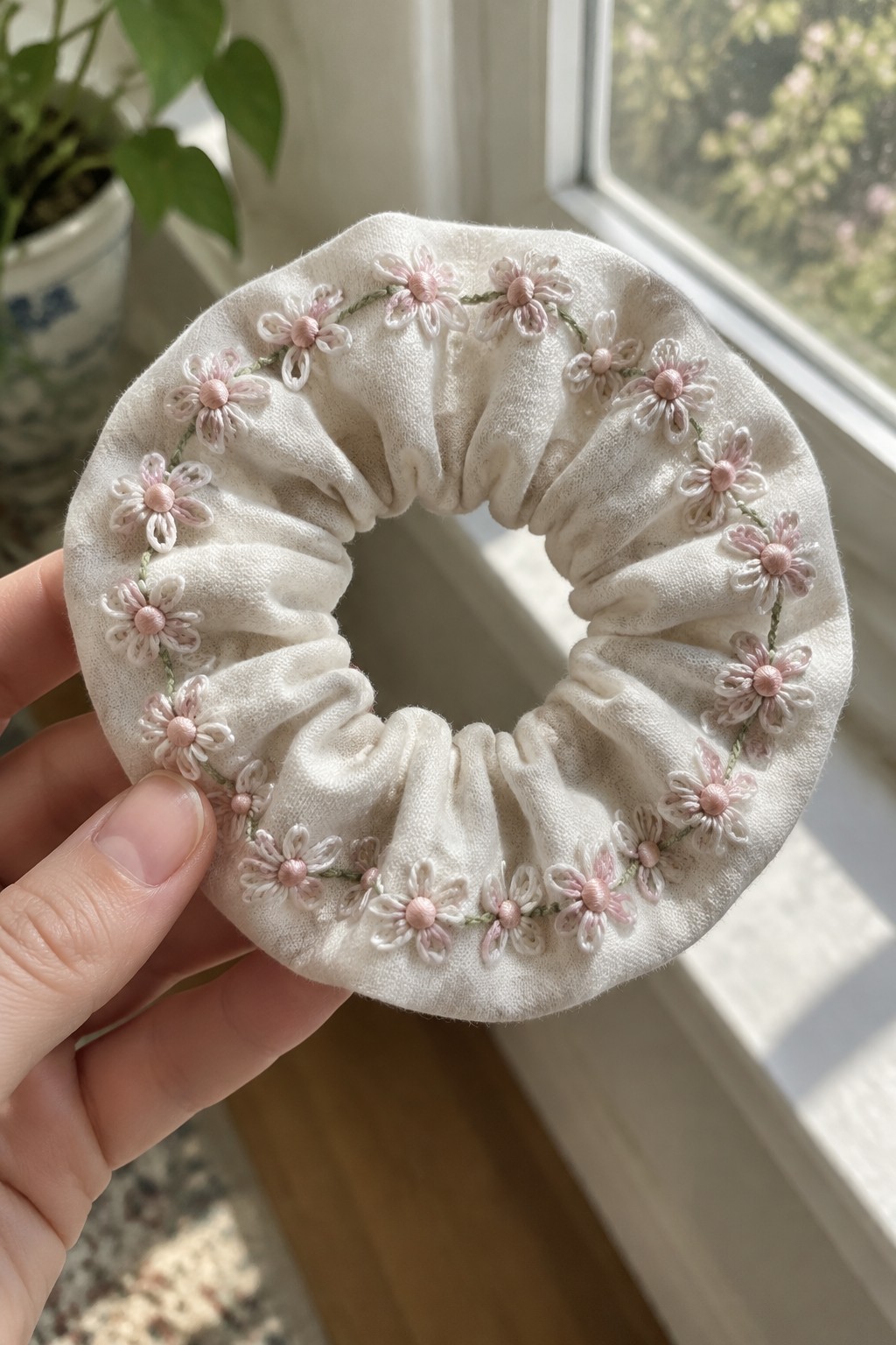 A hand holds a cream gathered scrunchie embroidered with a border of pink and pale flowers connected by a green line.
