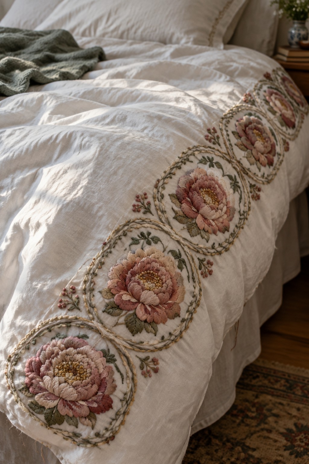 White bedding with a border of embroidered pink flowers in rounded medallions.
