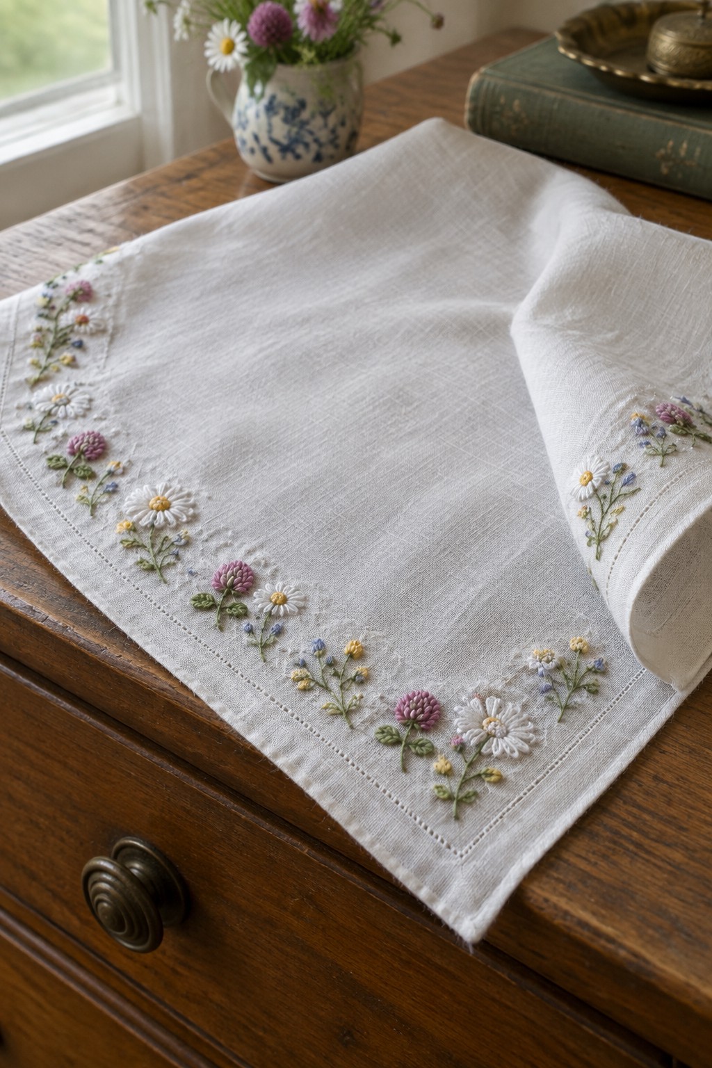 A white linen tablecloth with a colorful floral border lies across a wooden table.