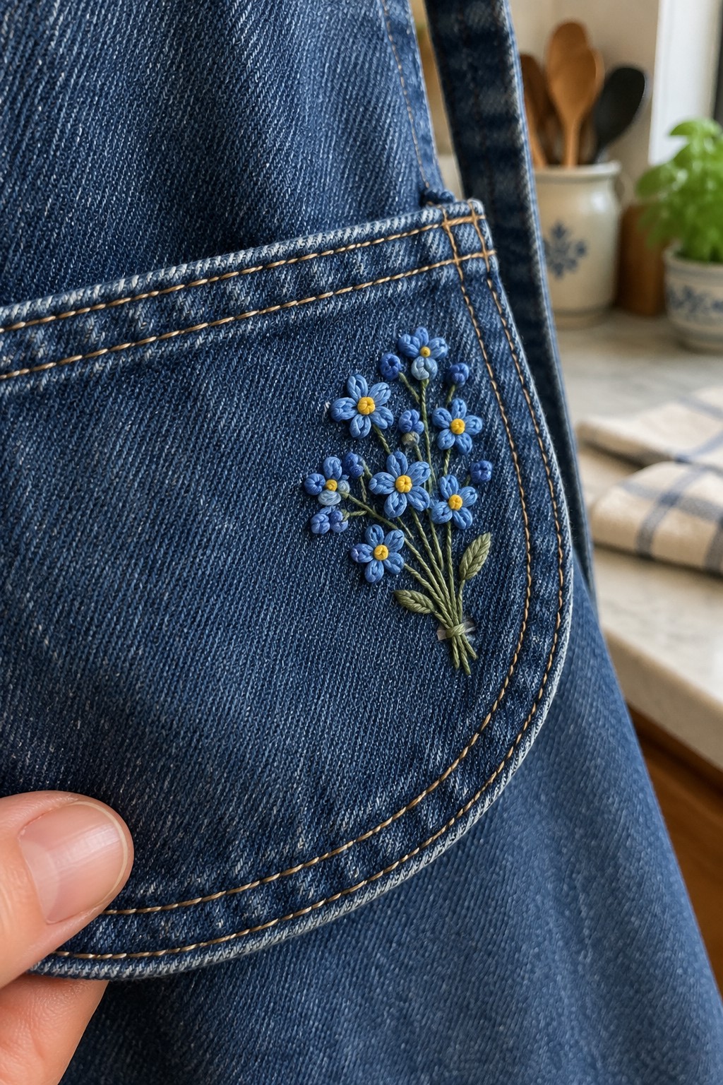 Blue embroidered flowers with yellow centers decorate a curved pocket on a denim garment.