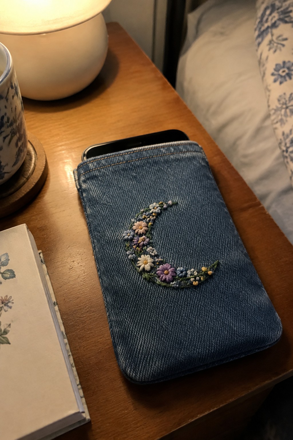 A denim phone case embroidered with a crescent of small purple, yellow, and cream flowers.