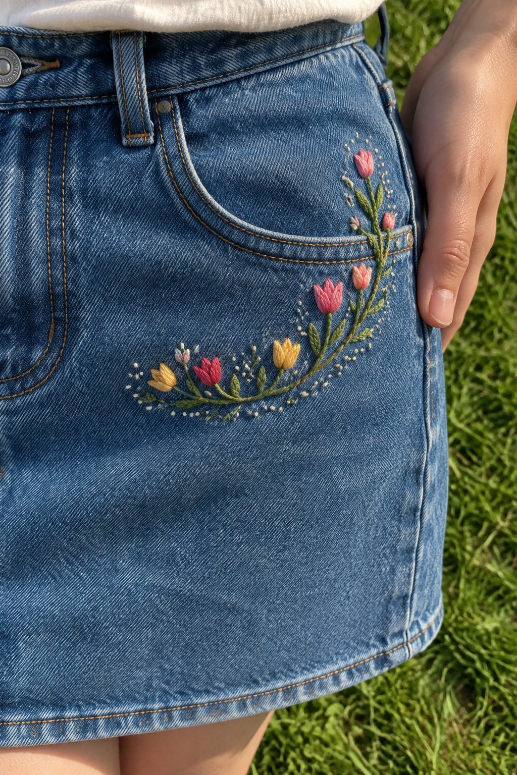 A curved trail of pink, red, and yellow embroidered flowers decorates the pocket of a blue denim skirt.