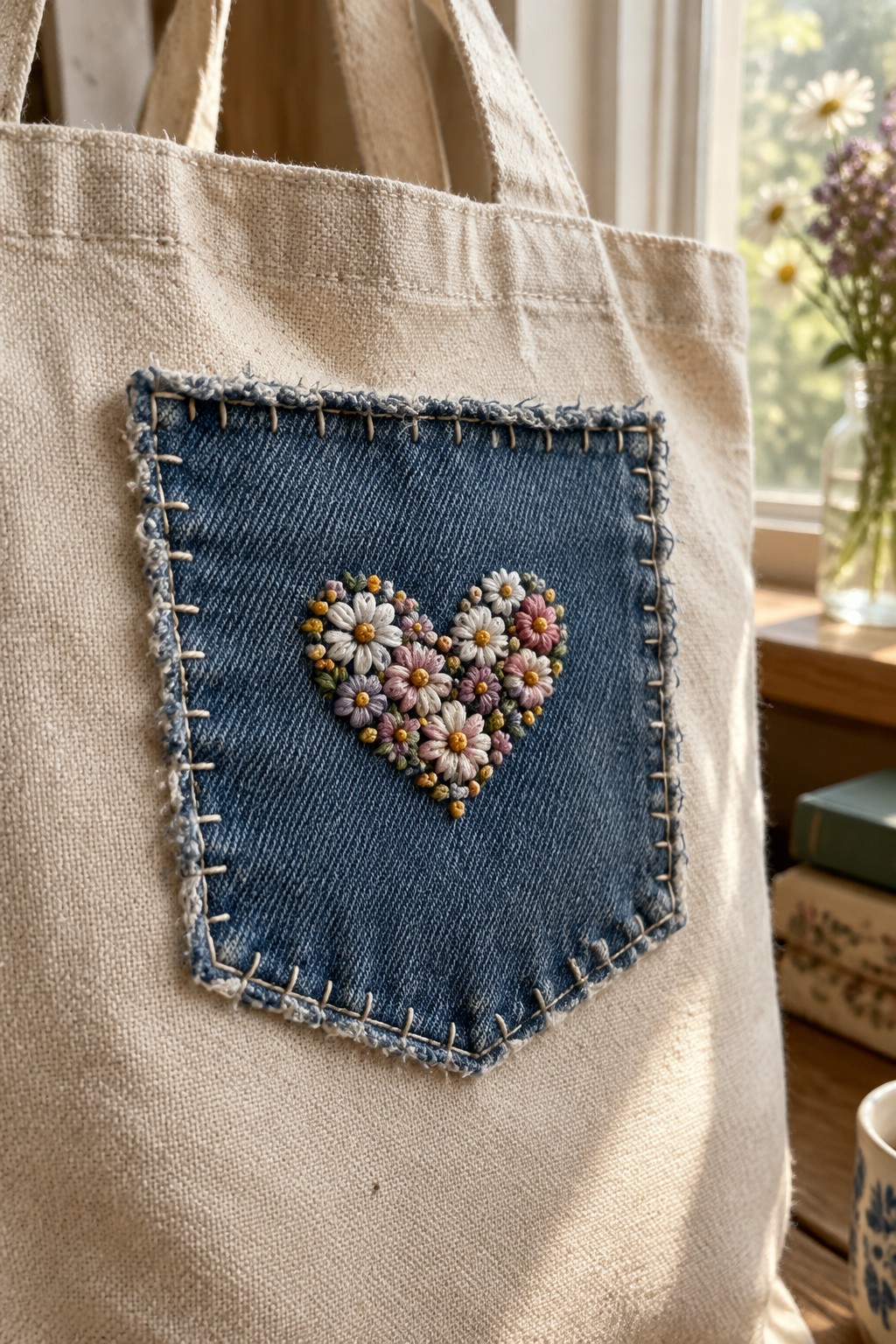 A beige canvas tote with a denim pocket embroidered with a heart-shaped cluster of small pink, white, and yellow flowers.