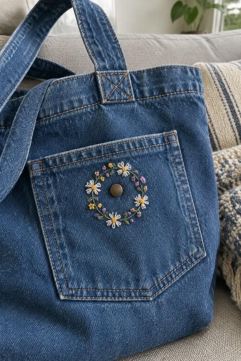 Blue denim tote bag with a pocket embroidered with a small circular wreath of white daisies and colorful flowers.