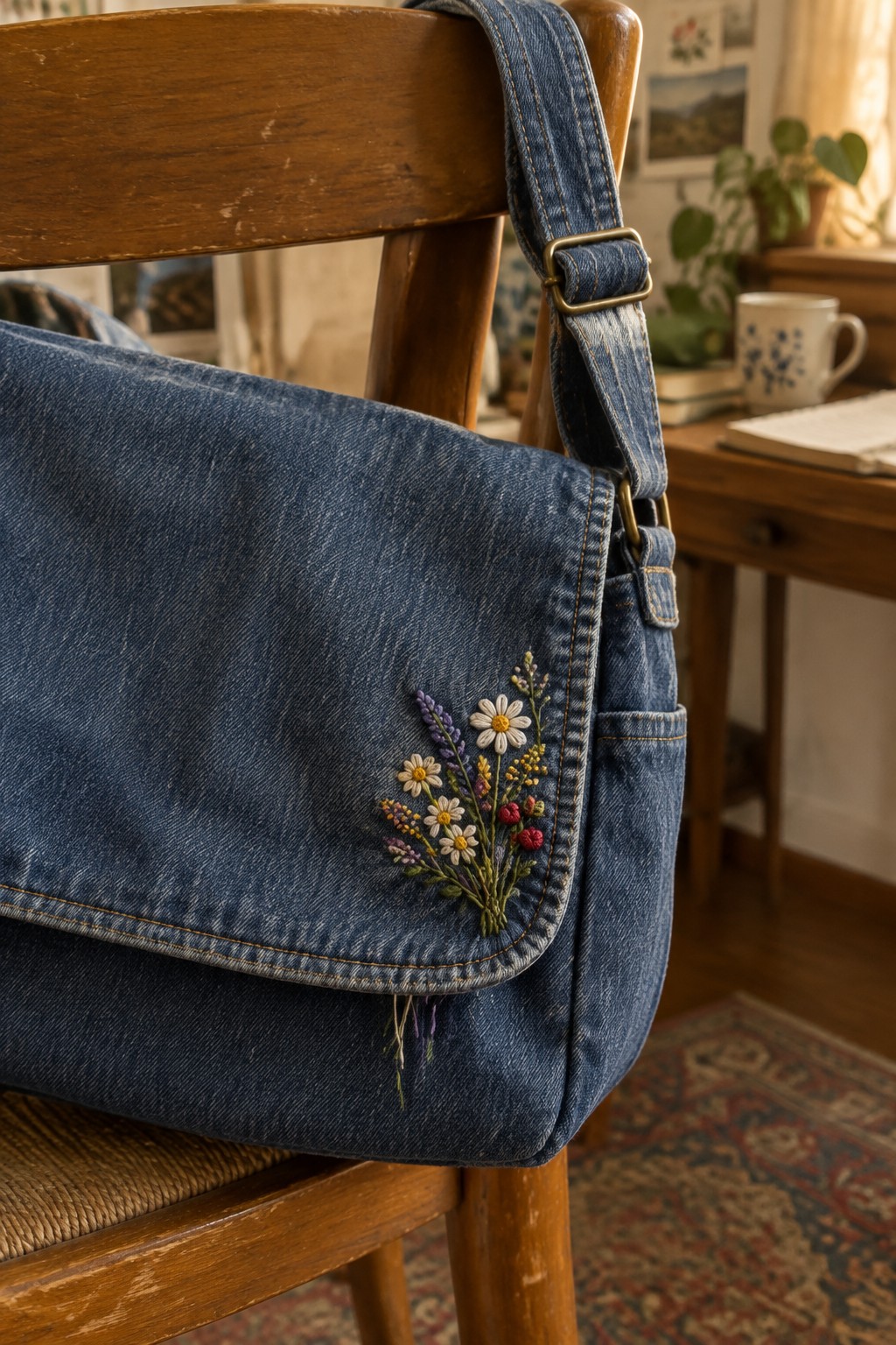 A blue denim shoulder bag hangs on a wooden chair, with a small embroidered bouquet on the corner of its flap.