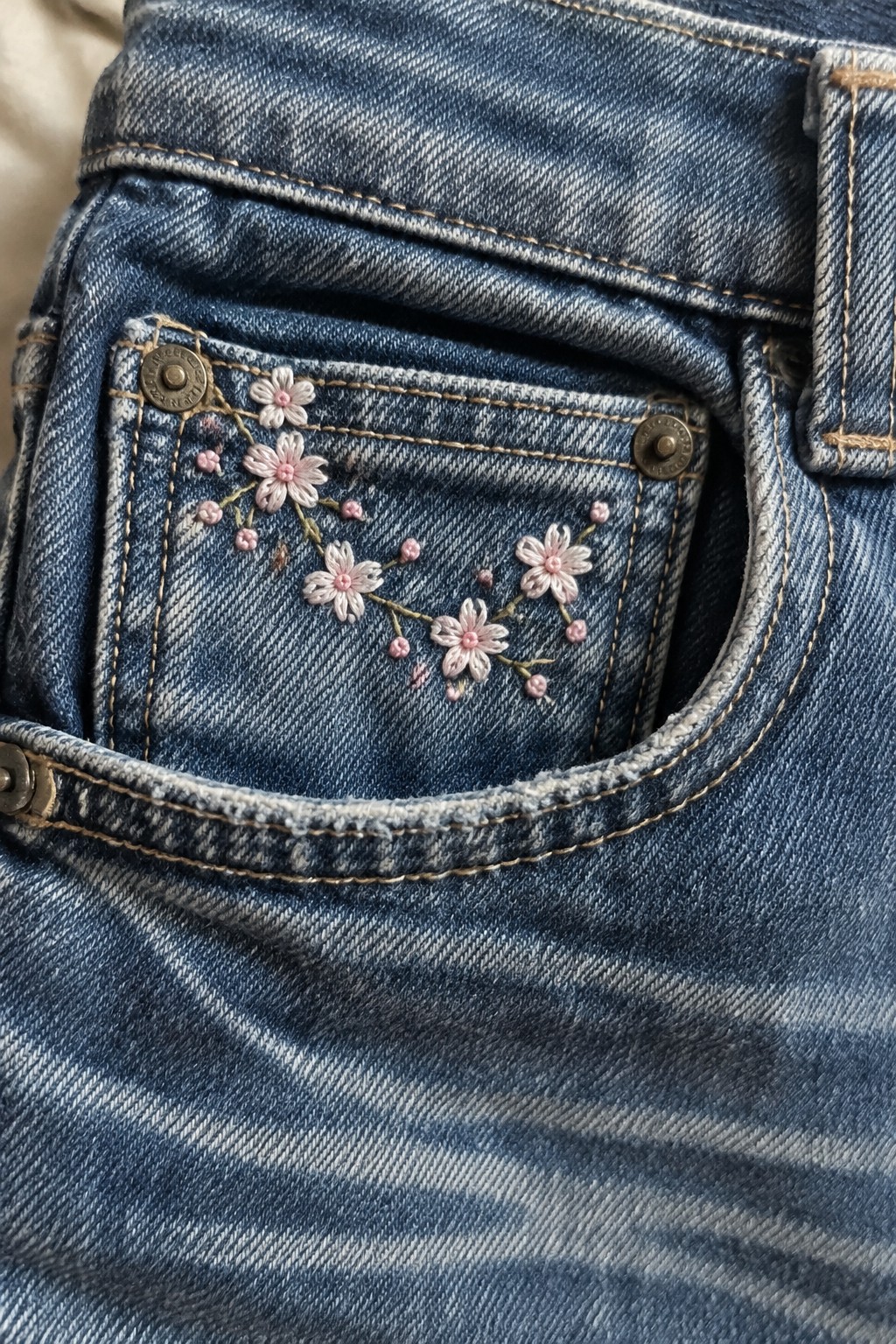 Pink embroidered flowers and buds form a curved branch across a small denim pocket.