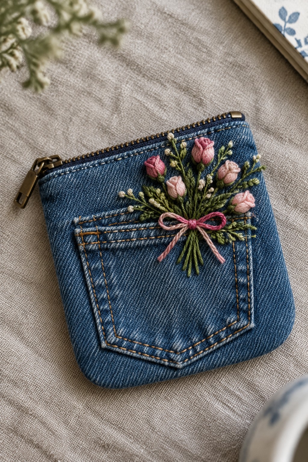A denim zip pouch with a pocket embroidered with pink flowers, green stems, and a pink bow.