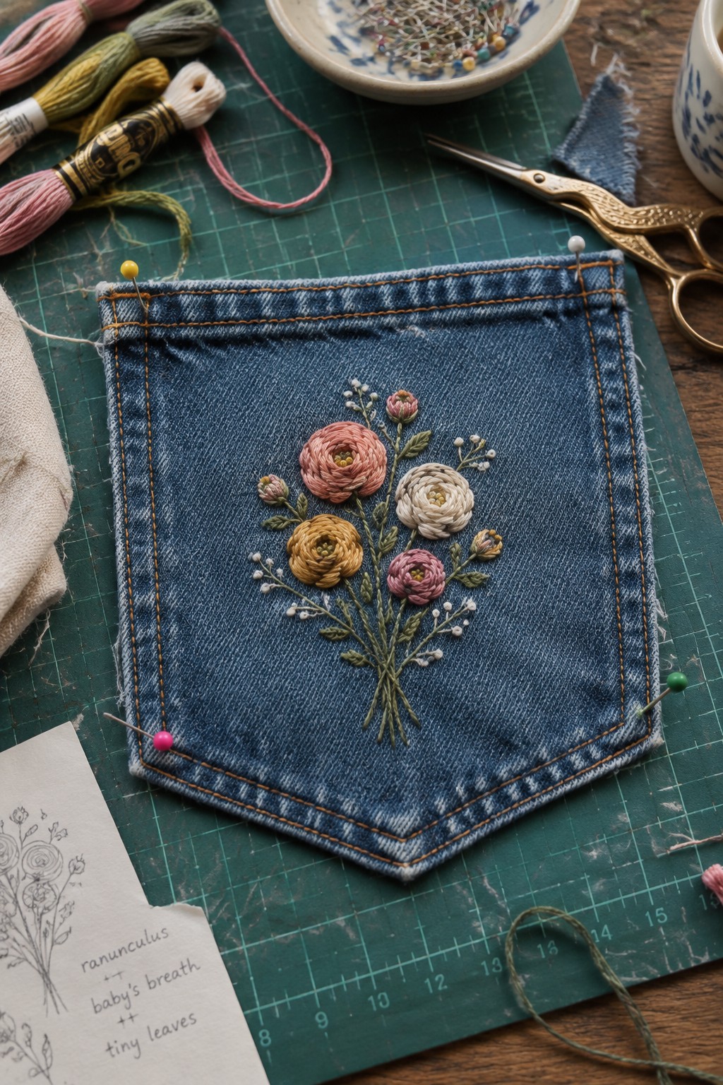 A denim pocket pinned to a green cutting mat and embroidered with a bouquet of pink, cream, and golden flowers with green stems.