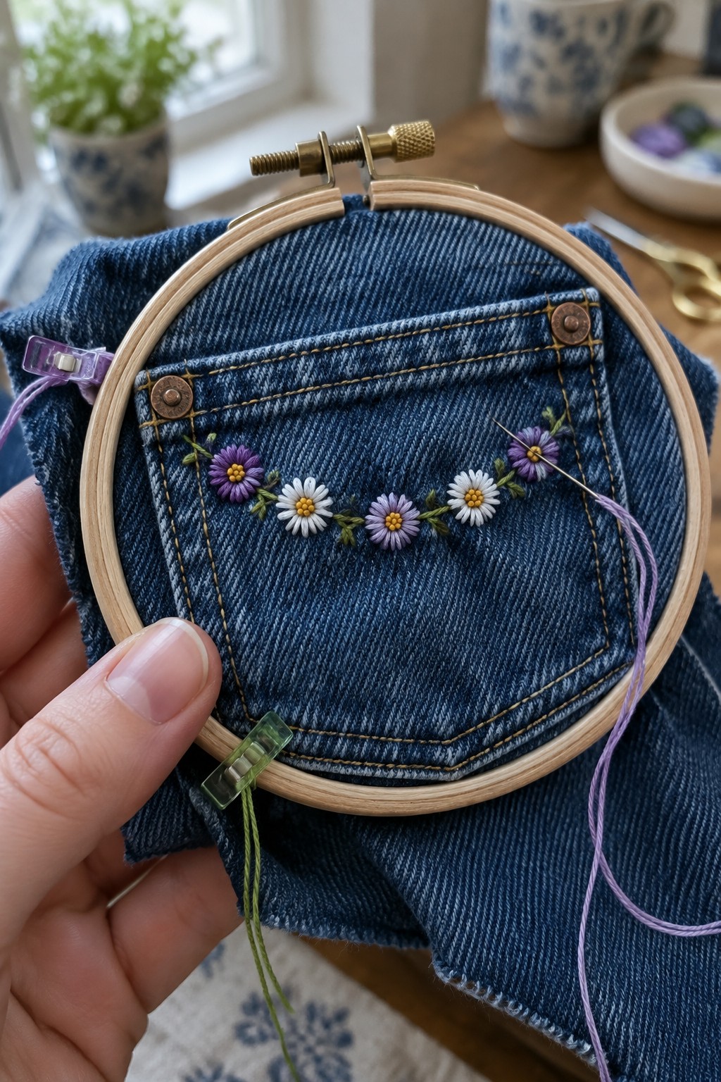 Purple and white embroidered flowers curve across a denim pocket held in an embroidery hoop.