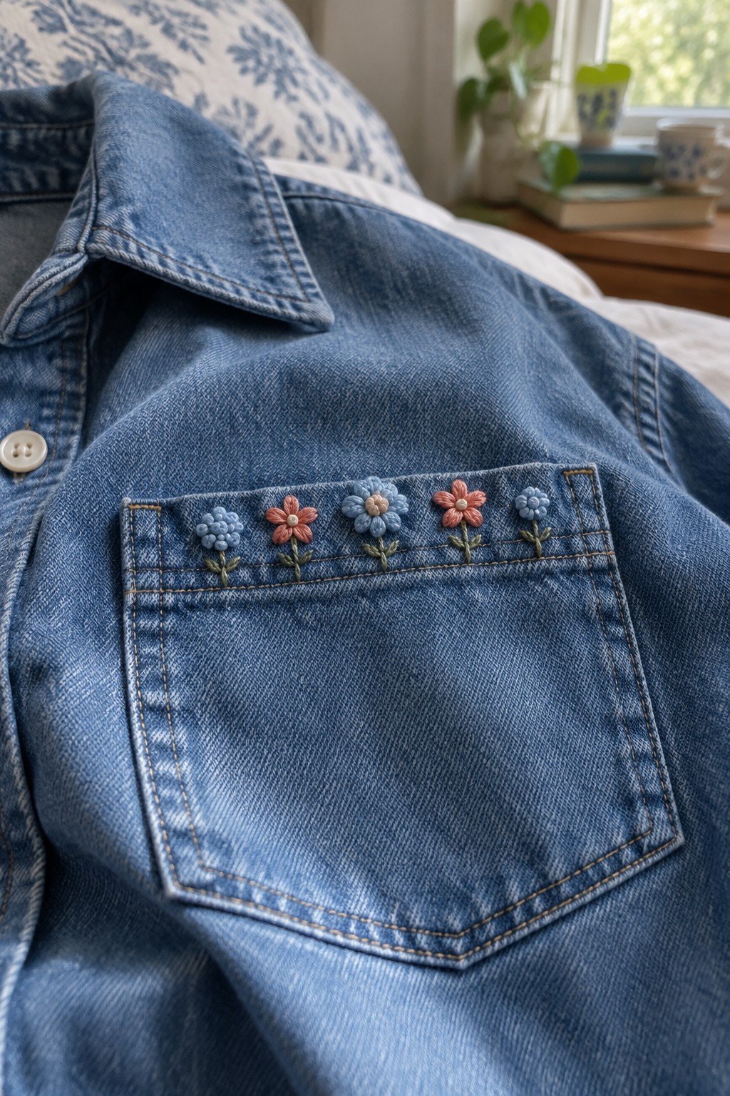 A denim shirt pocket embroidered with five small blue and coral flowers with green stems.