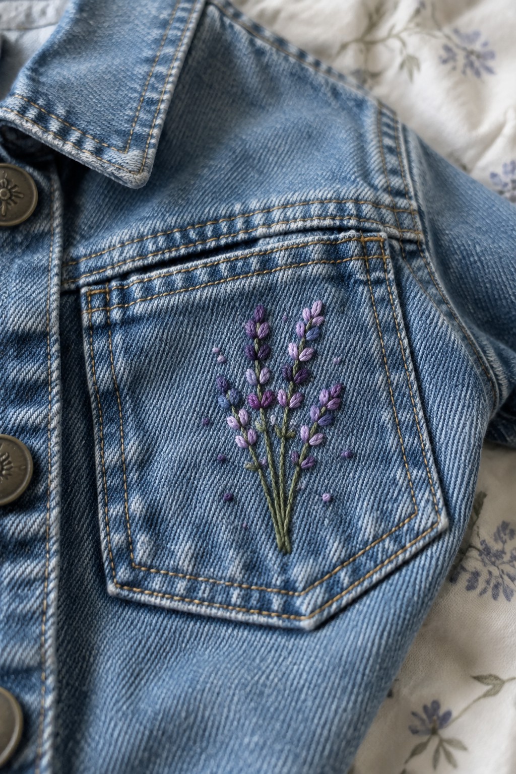 Purple lavender sprigs embroidered on the pocket of a blue denim jacket.