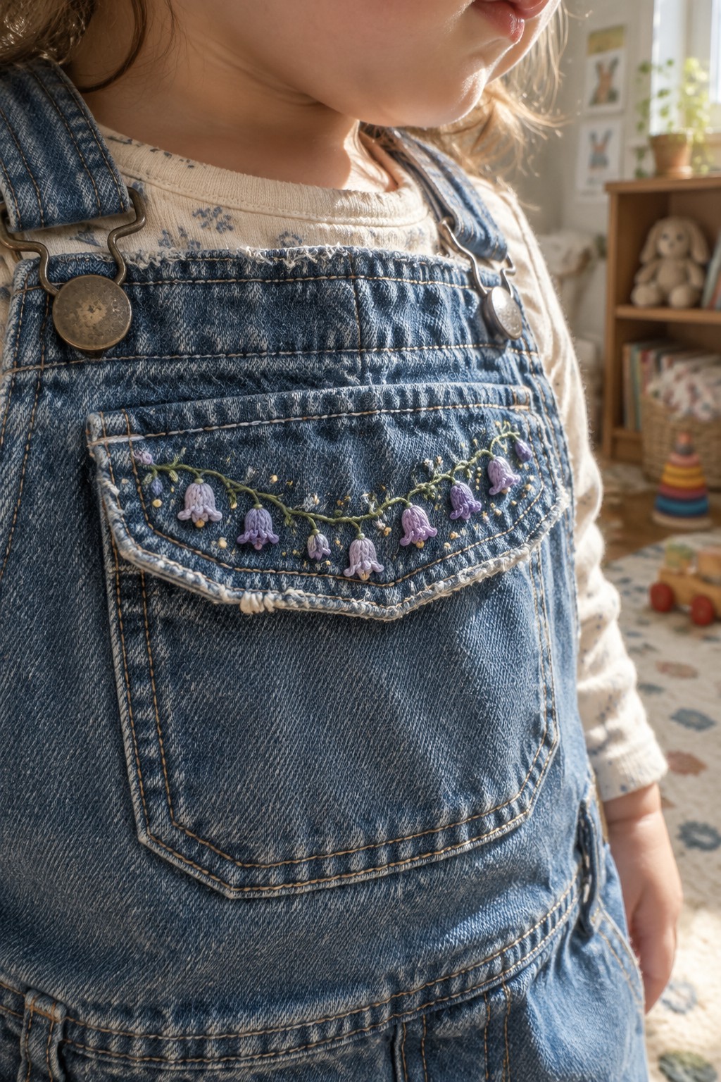 Close-up of denim overalls with a bib pocket embroidered with small purple flowers and green stems.