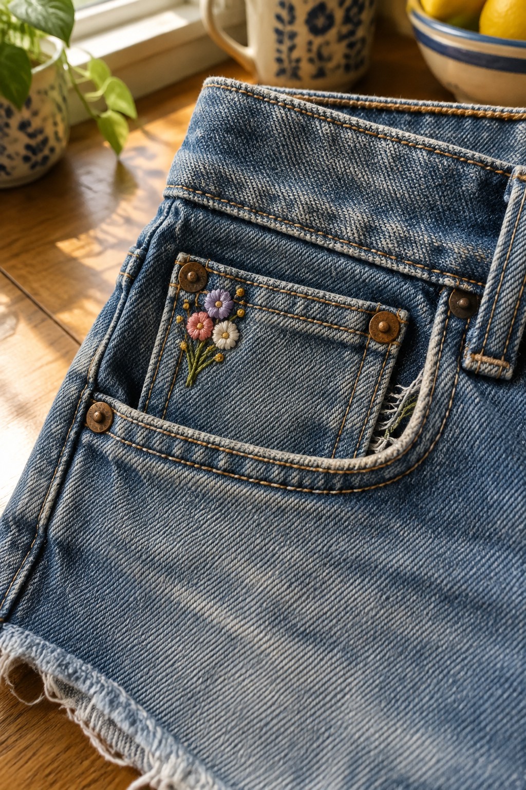 A small cluster of embroidered flowers decorates the pocket of blue denim shorts.