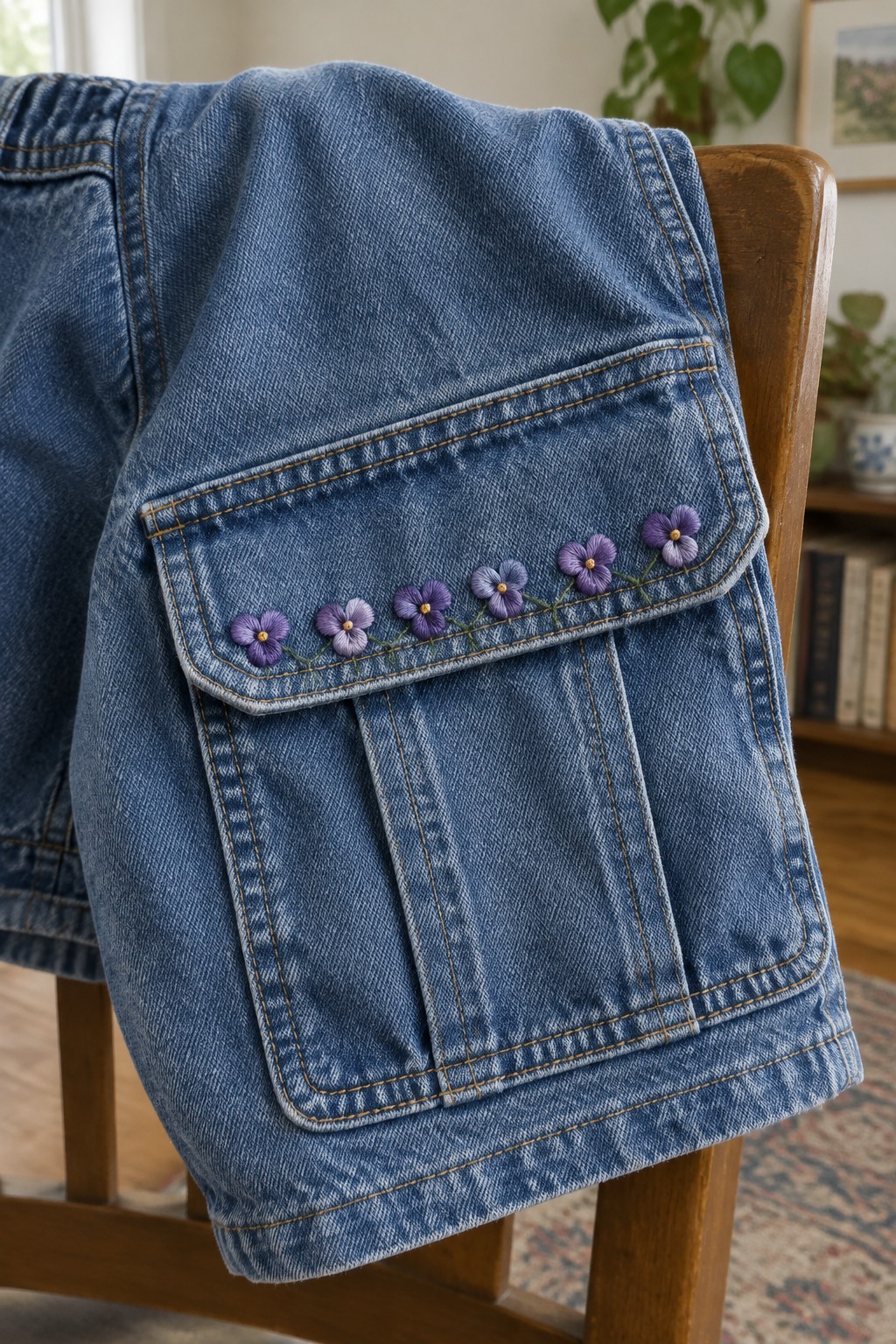 A denim jacket pocket embroidered with a row of small purple flowers and green stems.