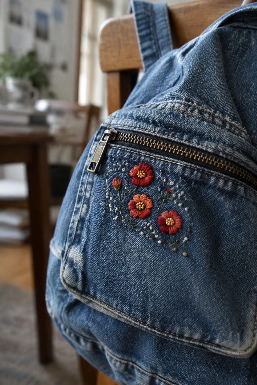 Red embroidered flowers and small buds decorate a blue denim pocket beneath a metal zipper.