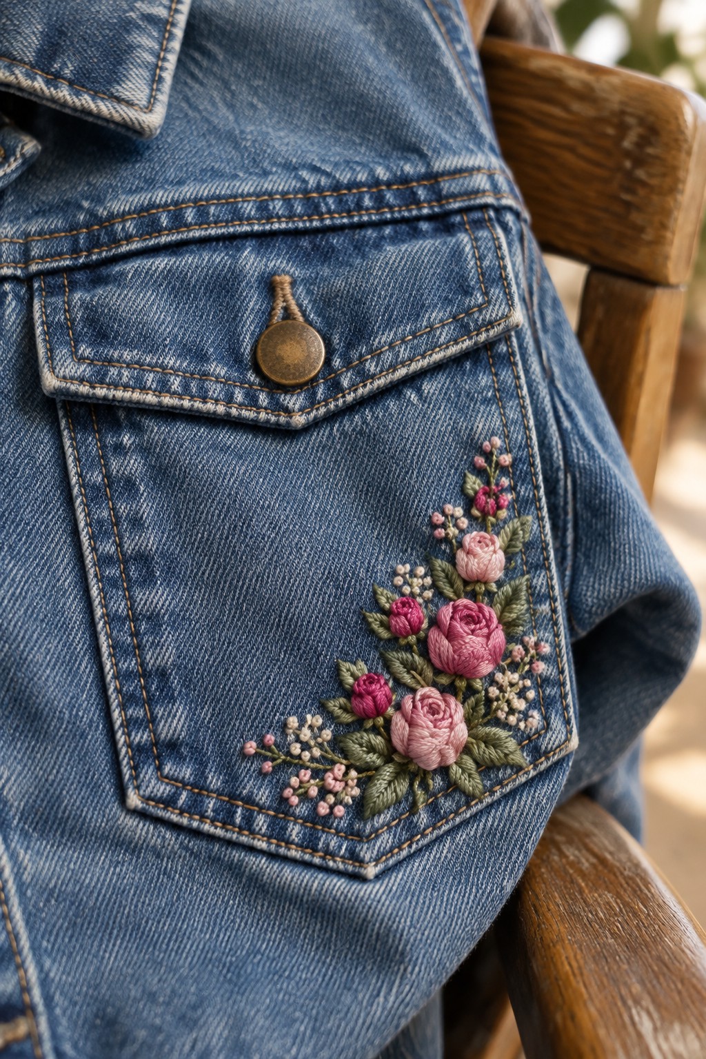 Pink and rose-colored flower embroidery decorates the lower portion of a blue denim pocket with a brass button.