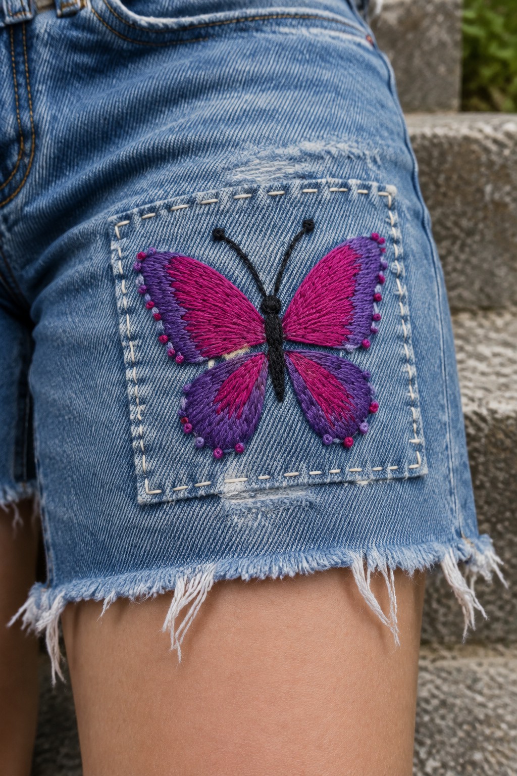 A purple and magenta embroidered butterfly patch is stitched onto frayed denim shorts.
