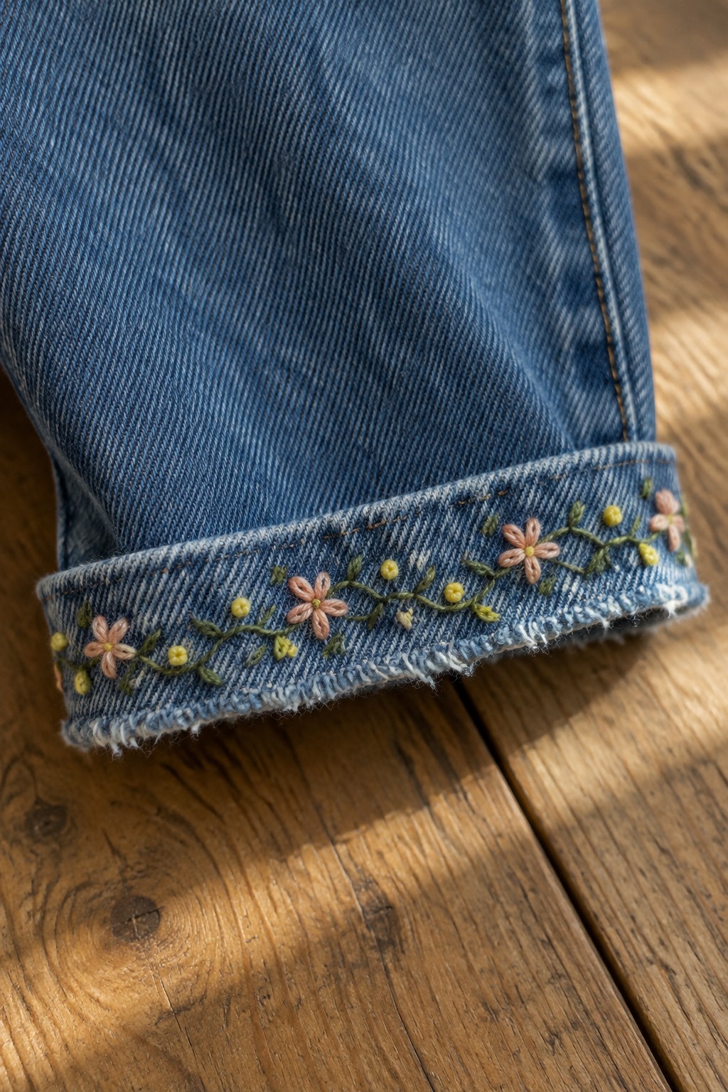 Blue denim jeans with a frayed cuff embroidered with a pink-and-yellow floral vine, resting on a wooden floor.