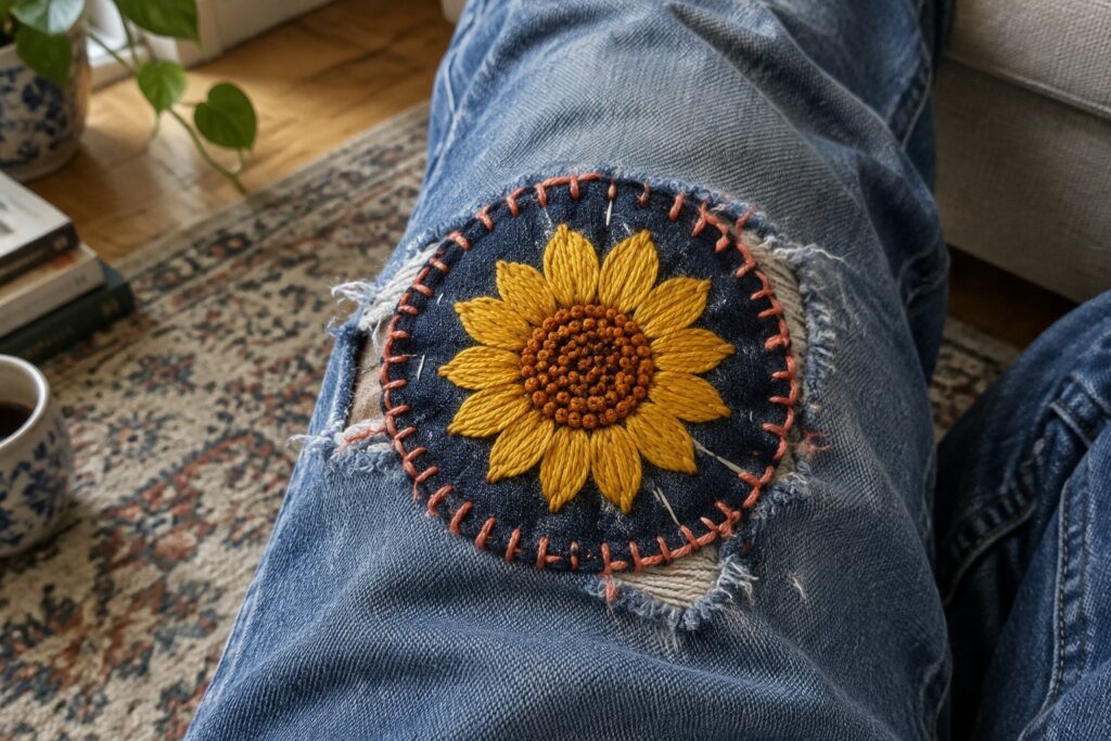 18 Contrasting Thread Designs for Worn Denim Repairs A round embroidered sunflower patch with a coral border covers a frayed area on blue jeans.