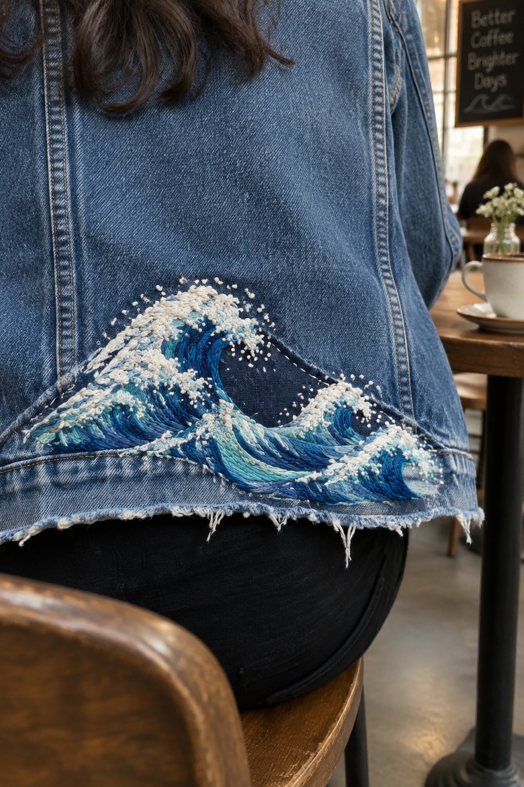 A blue-and-white embroidered ocean wave runs across the frayed hem of a denim jacket.