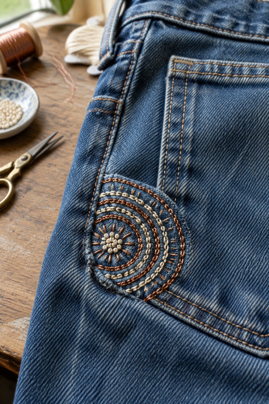 Blue denim with a cream and rust circular embroidered motif below a back pocket, beside sewing thread and scissors.
