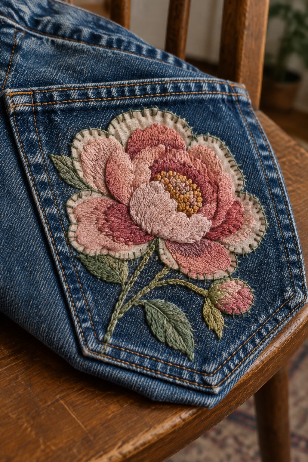 A pink embroidered peony with green leaves covers the pocket of a denim bag resting on a wooden chair.