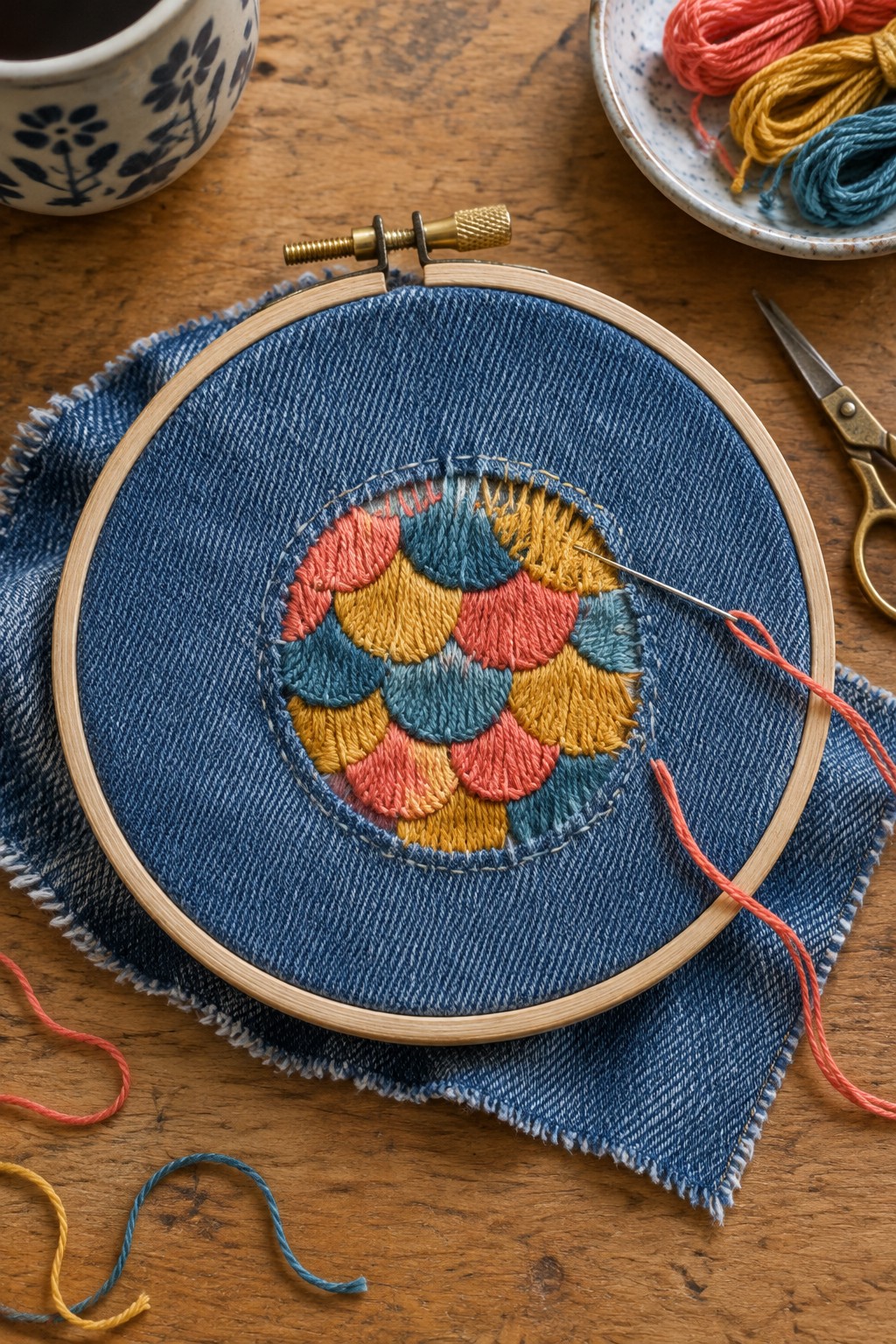 A wooden embroidery hoop holds blue denim with a circular patch of overlapping coral, mustard, and teal stitched shapes.
