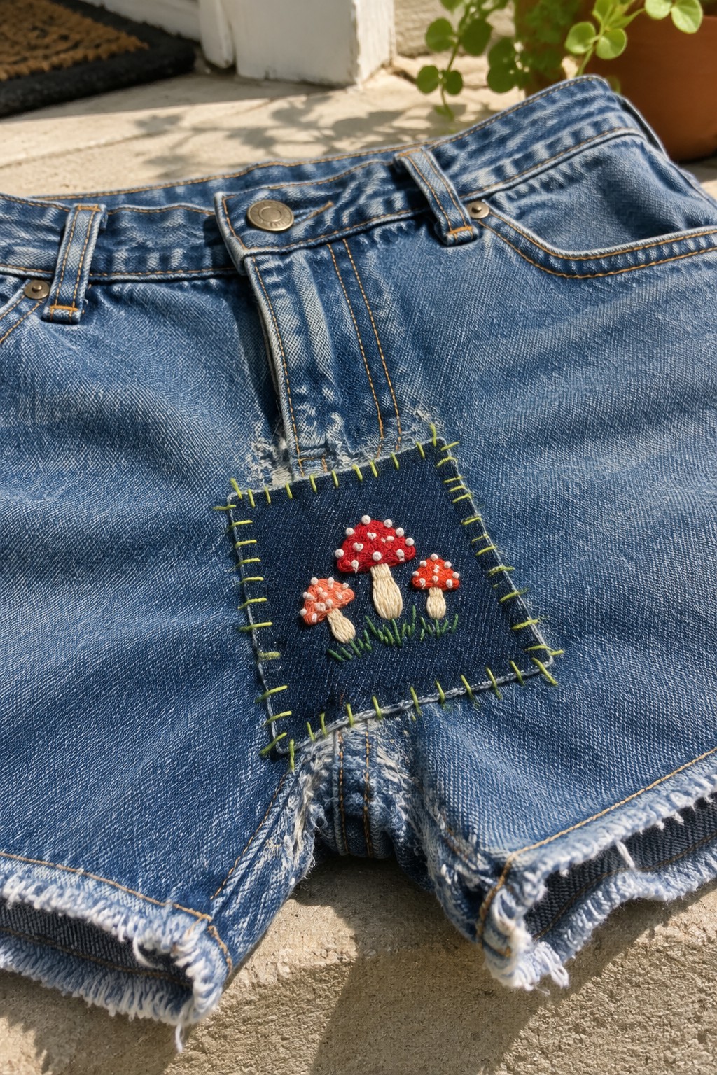 Denim shorts with a dark square patch embroidered with three mushrooms and green edging.