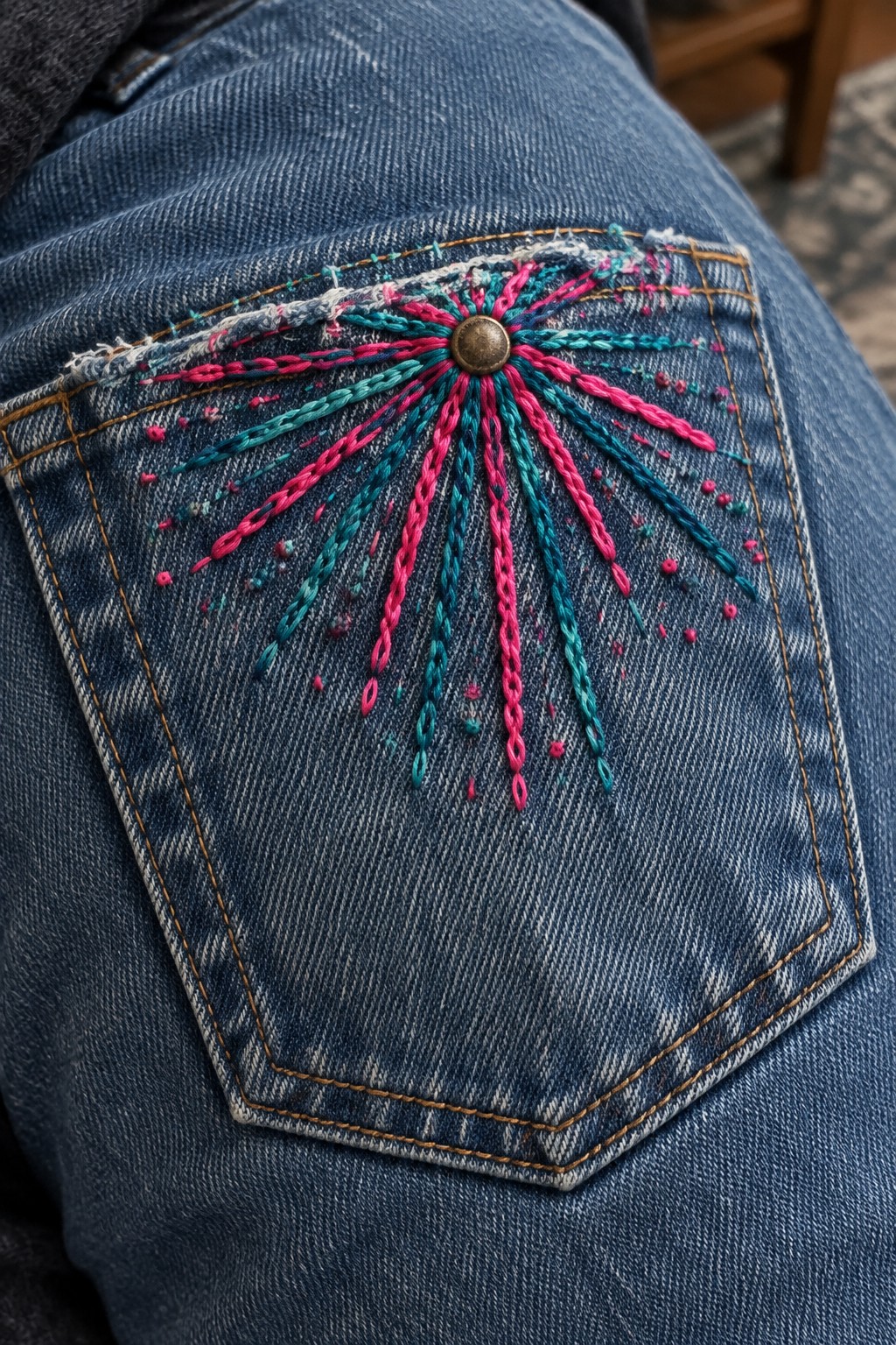 Pink and teal radiating embroidery decorates a denim pocket around its metal rivet.