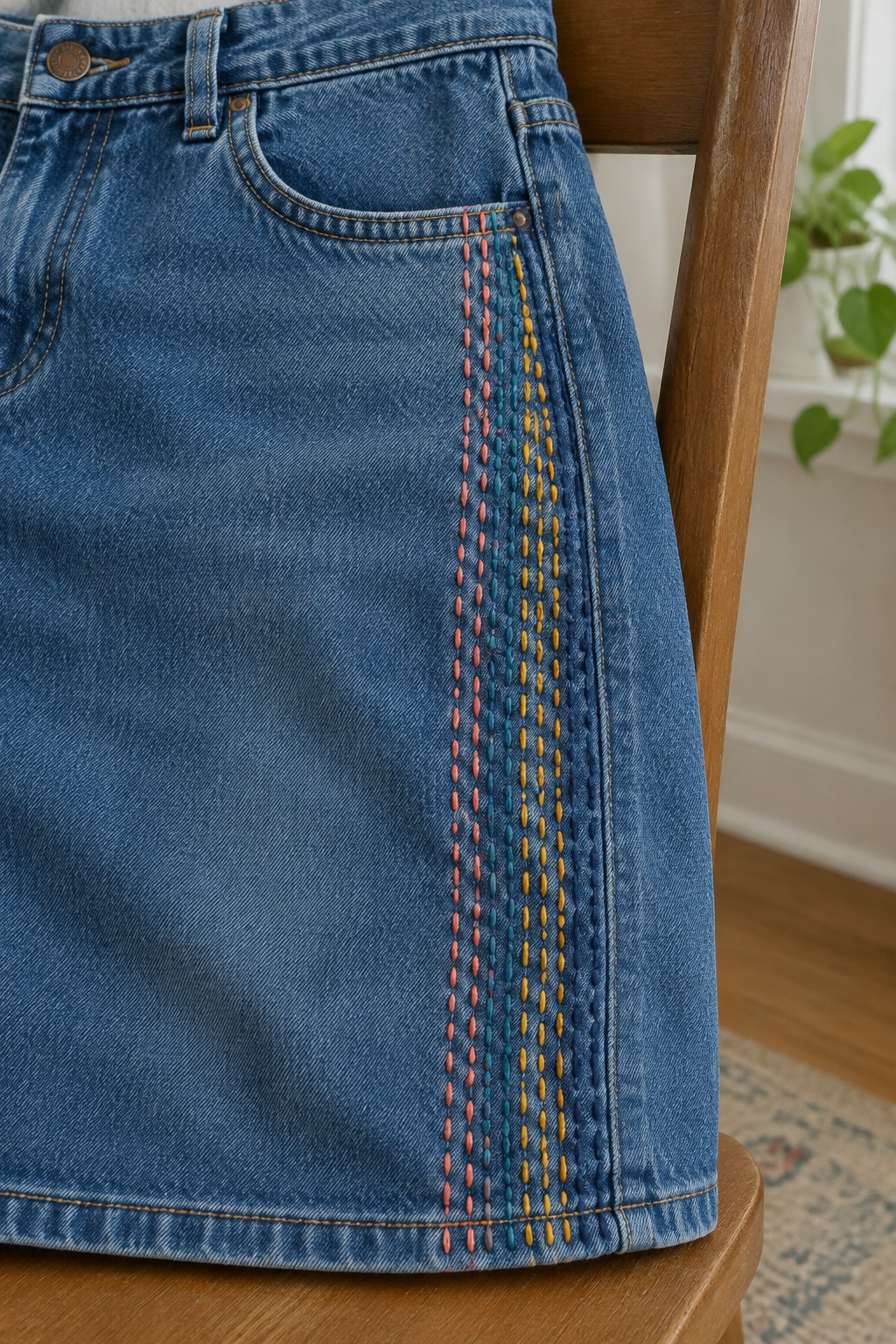 Blue denim skirt with vertical rows of pink, teal, and yellow stitches beside the side seam.