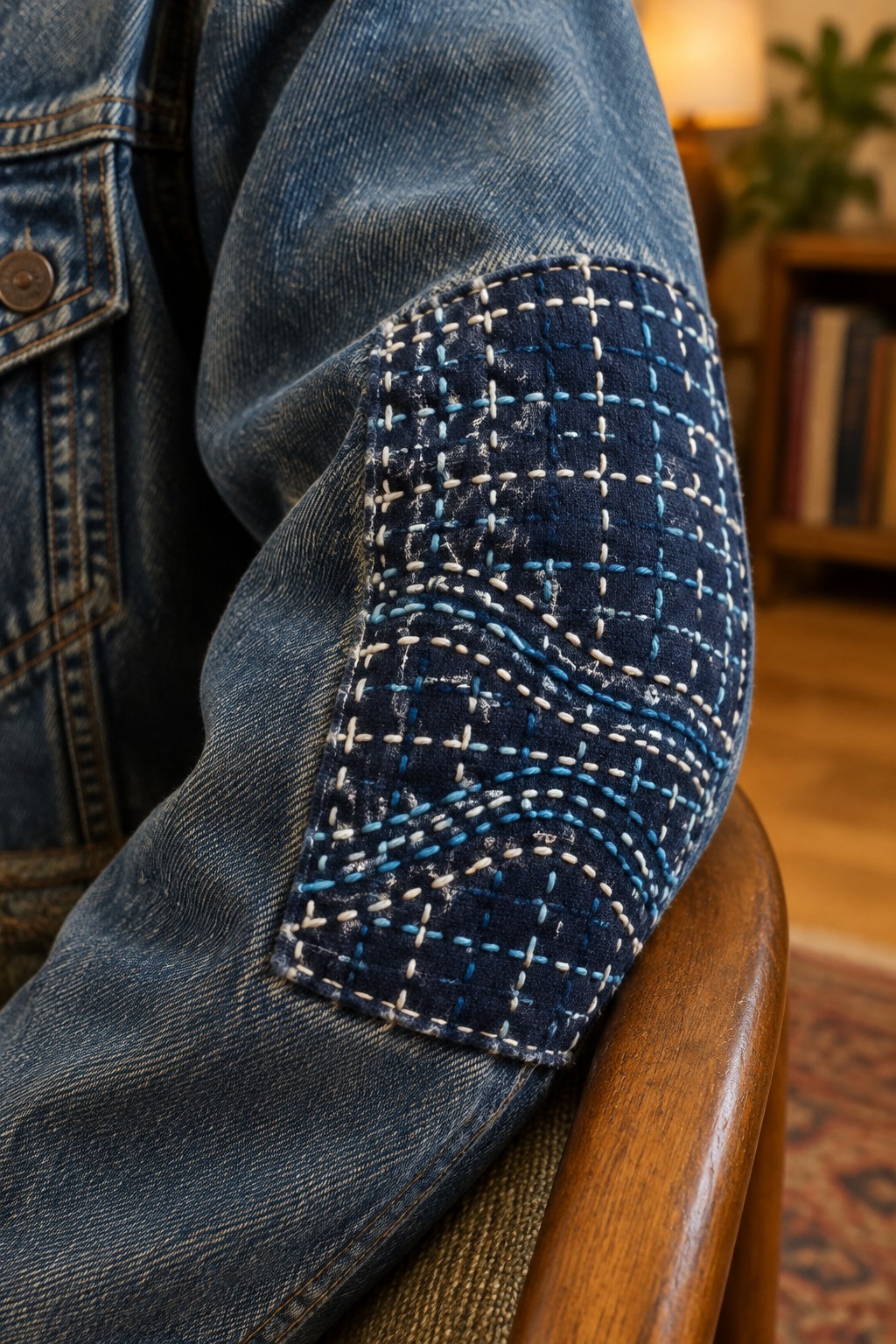 A blue denim jacket sleeve with a dark elbow patch covered in white and blue stitching.
