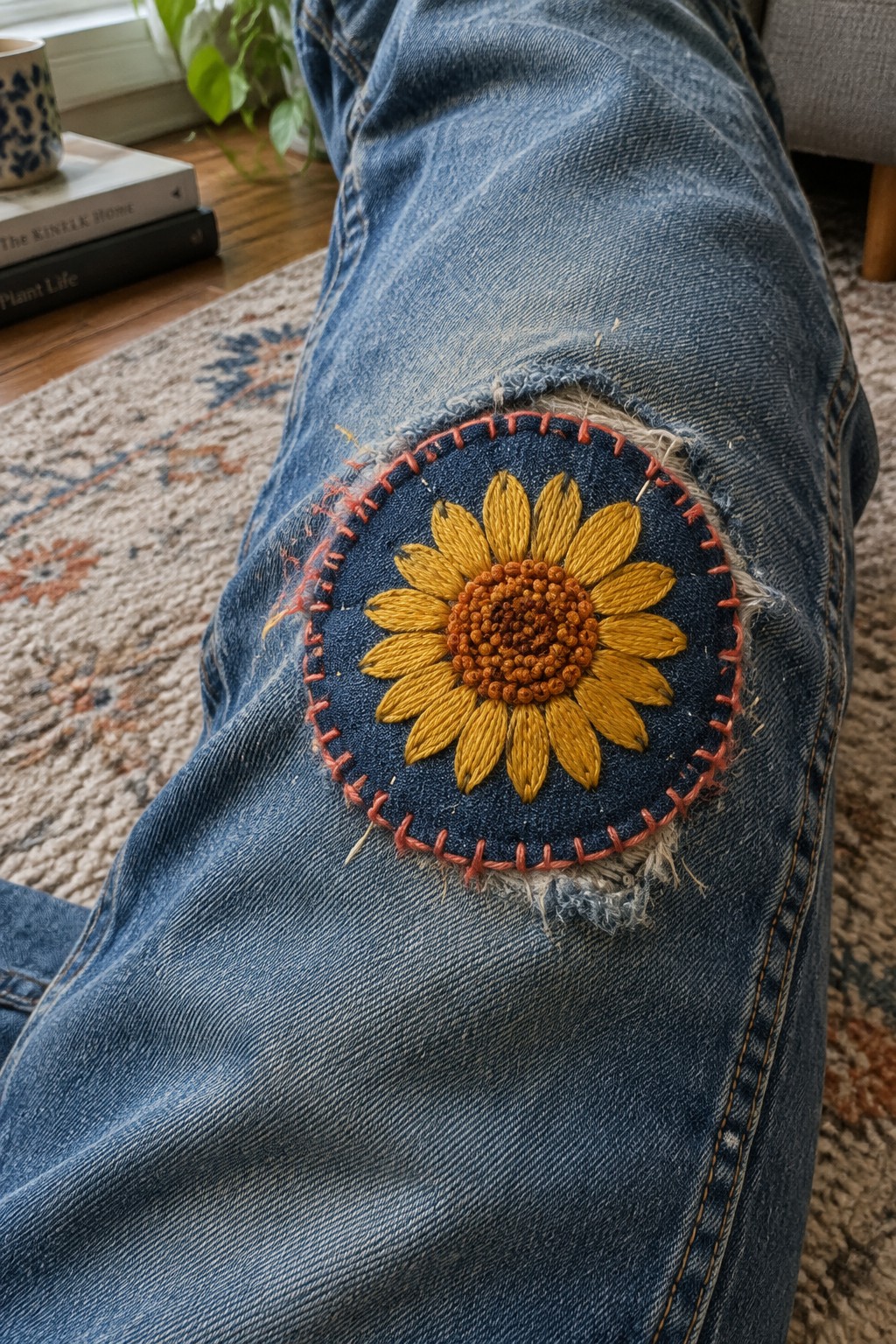 A round embroidered sunflower patch with a coral border covers a frayed area on blue jeans.
