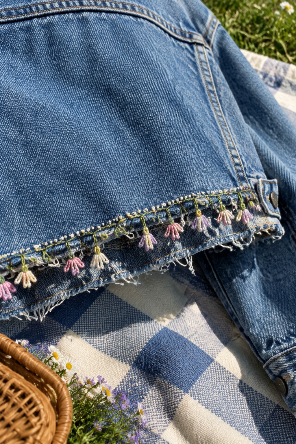 A blue denim jacket with a frayed hem decorated with small pastel embroidered flowers lies on a blue-and-white blanket.