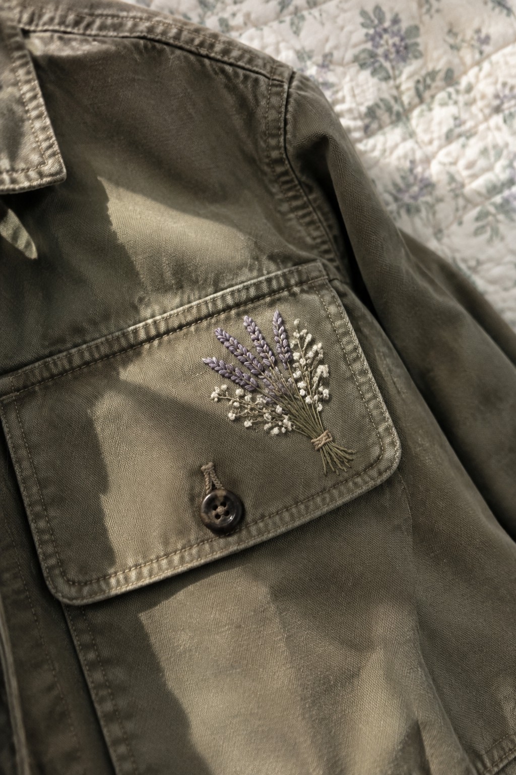 An olive denim jacket pocket with a small purple and cream embroidered flower bundle above a dark button.