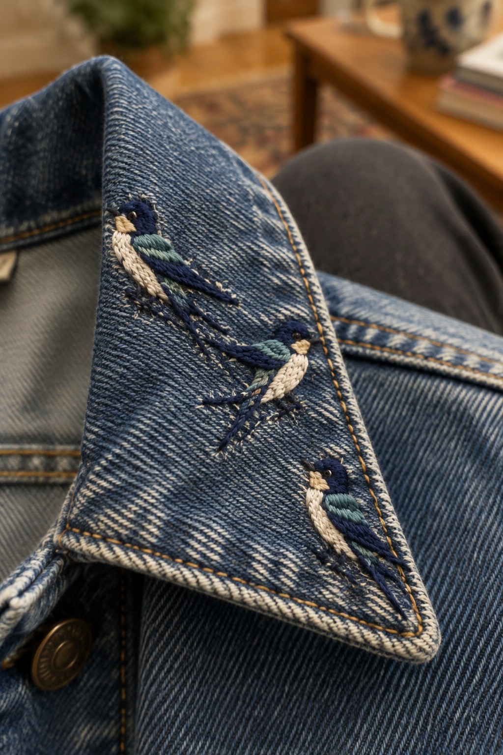 Three navy, cream, and green embroidered birds run along the pointed collar of a blue denim jacket.