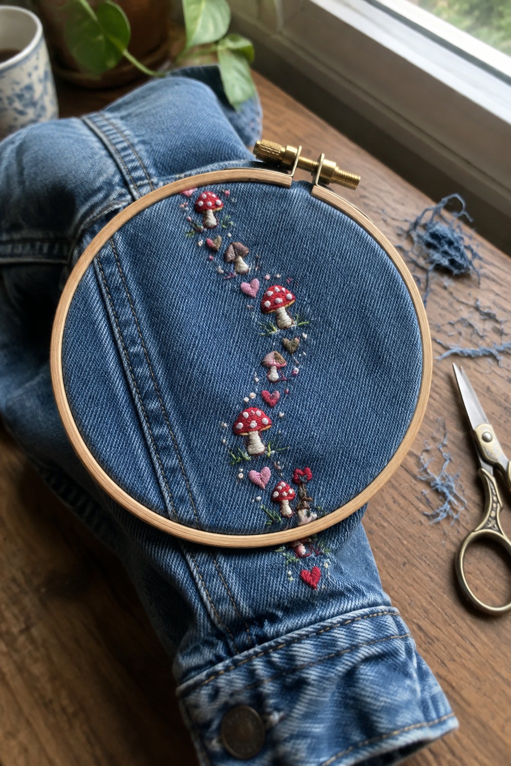 A wooden embroidery hoop holds blue denim with a trail of embroidered red mushrooms, hearts, and small accents.
